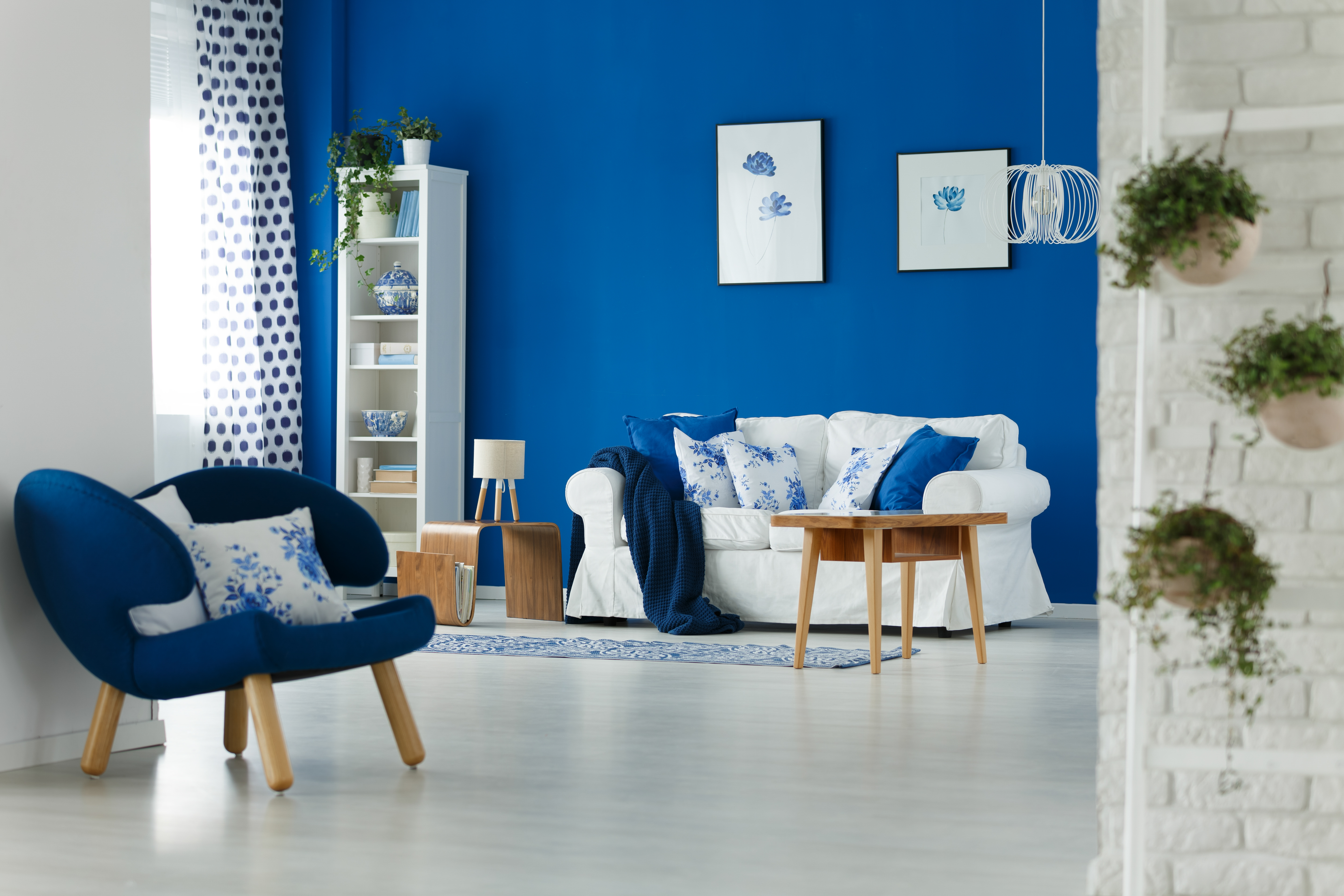 Decorated living room with blue accents